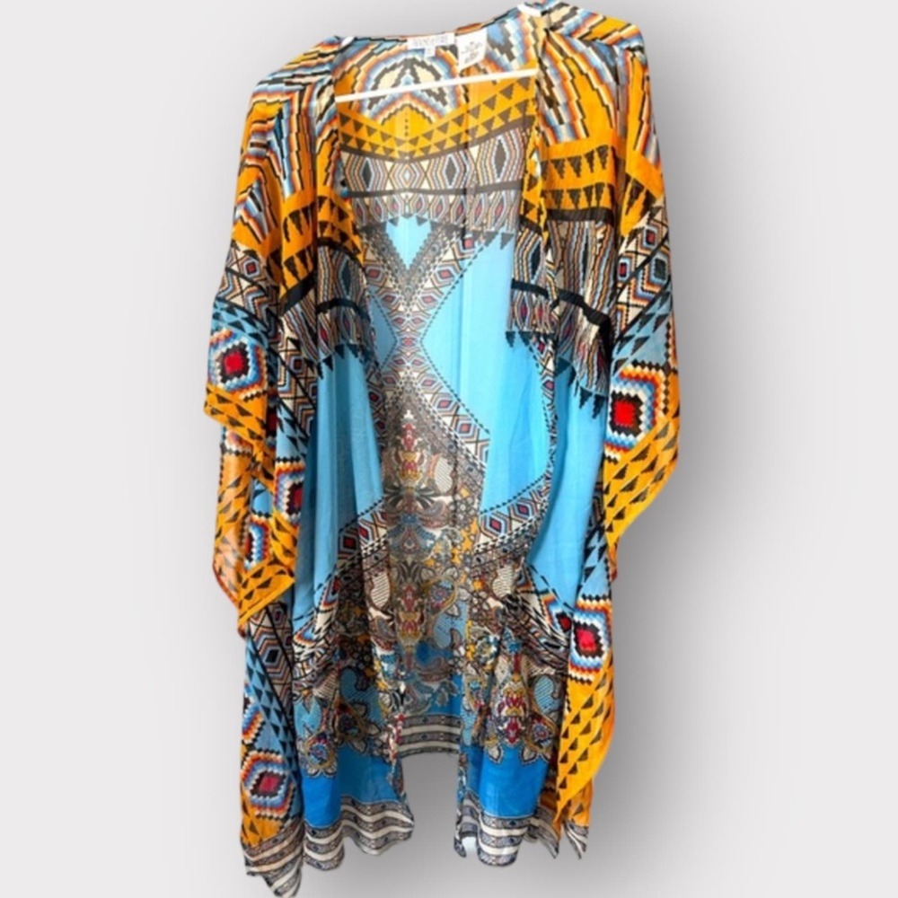 Patrons of Peace Western Style Kimono, Size M/L, Colorful, Blue and Orange, NWOT